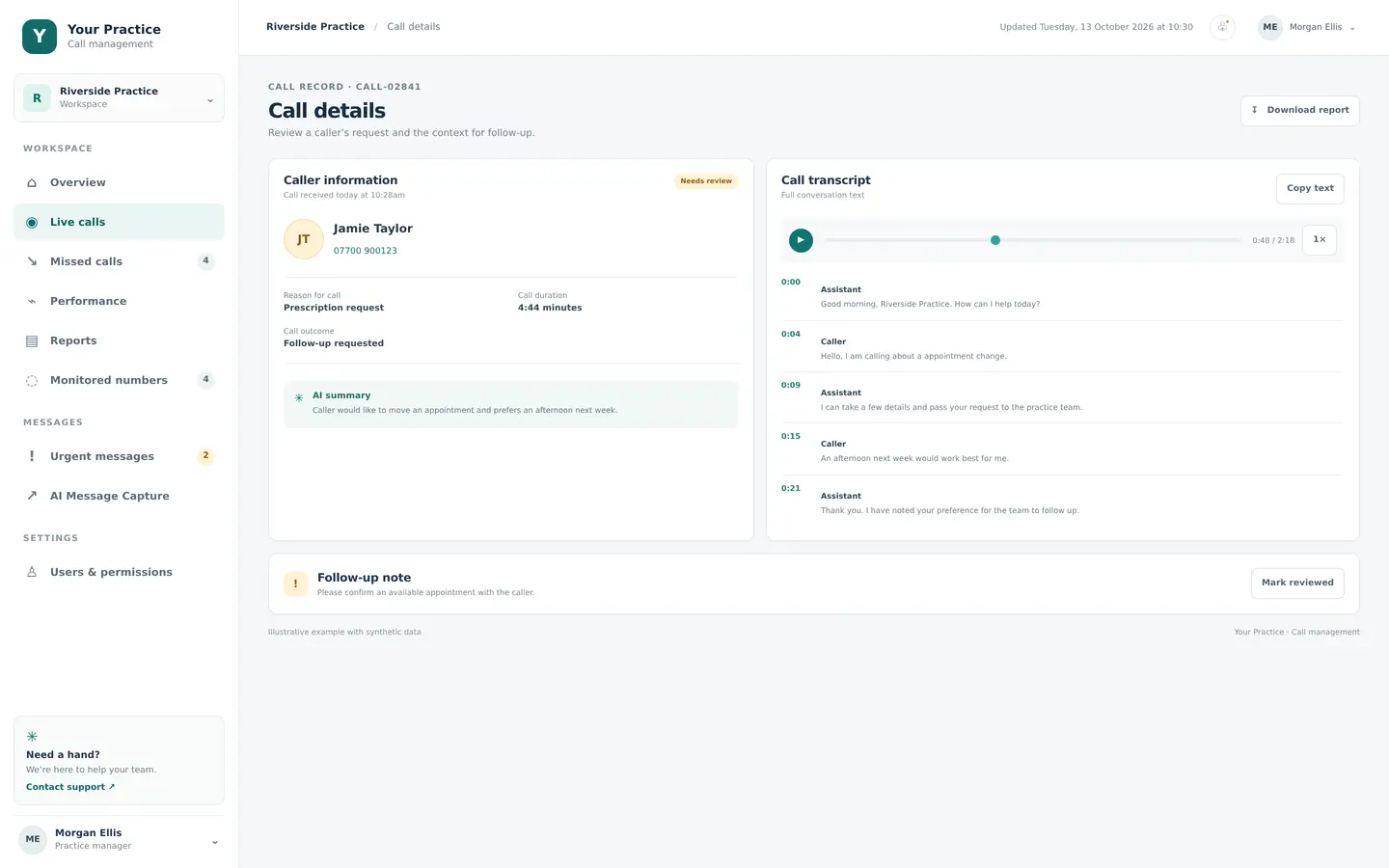 Illustrative call detail with synthetic transcript, summary and call information.