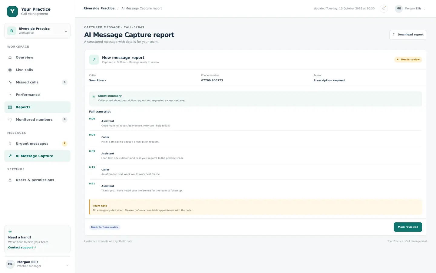 Illustrative AI Message Capture report with synthetic caller details, notes and transcript.
